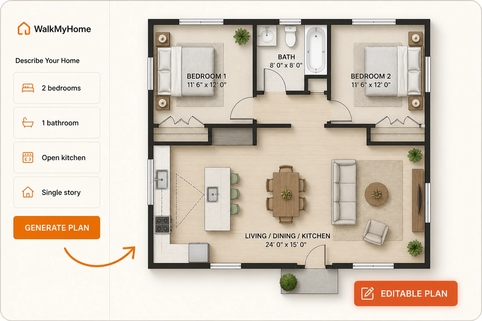 WalkMyHome AI floor-plan studio showing an editable generated home plan