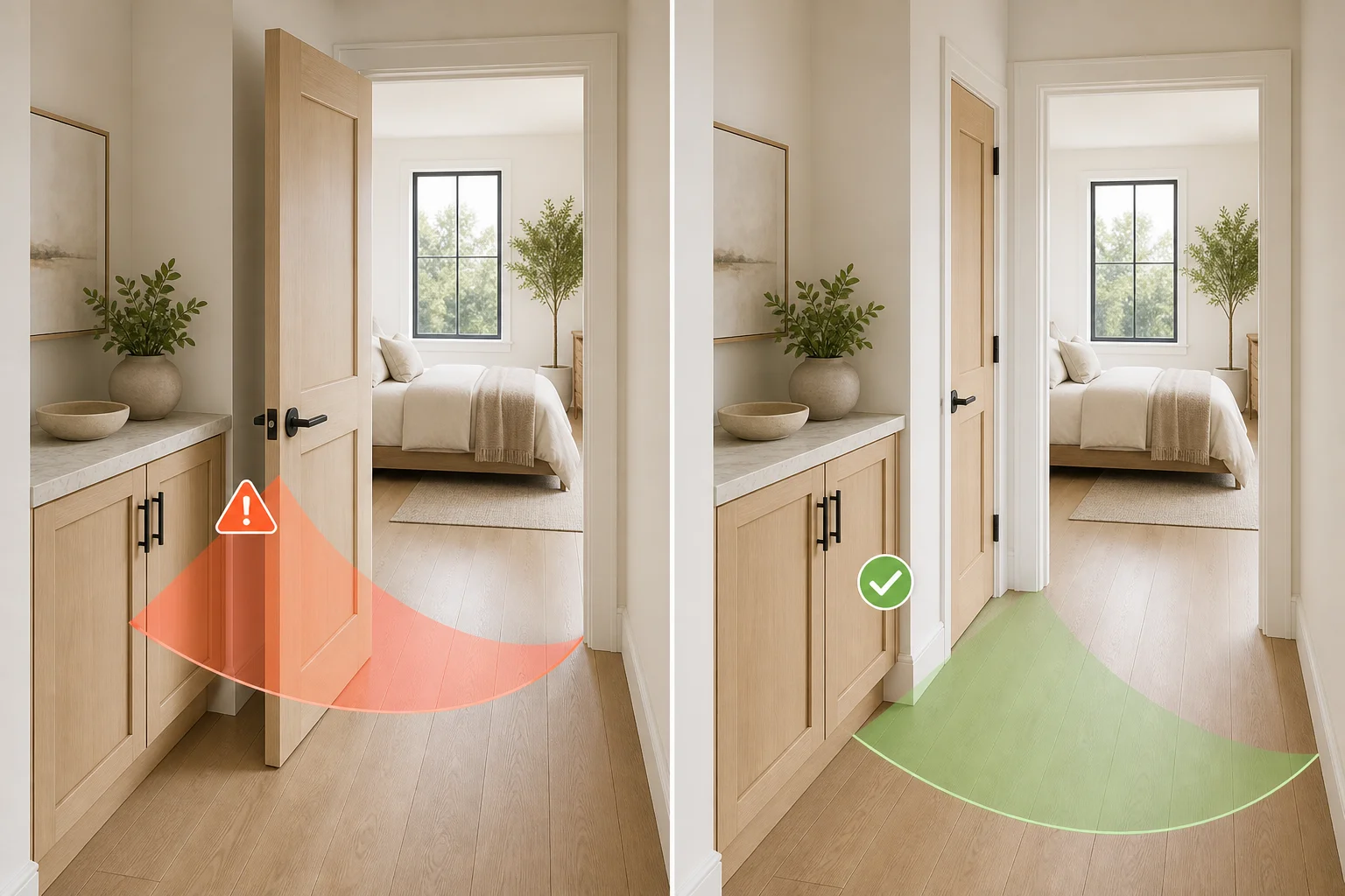 A bright before-and-after hallway comparison shows a door collision identified and corrected before construction.