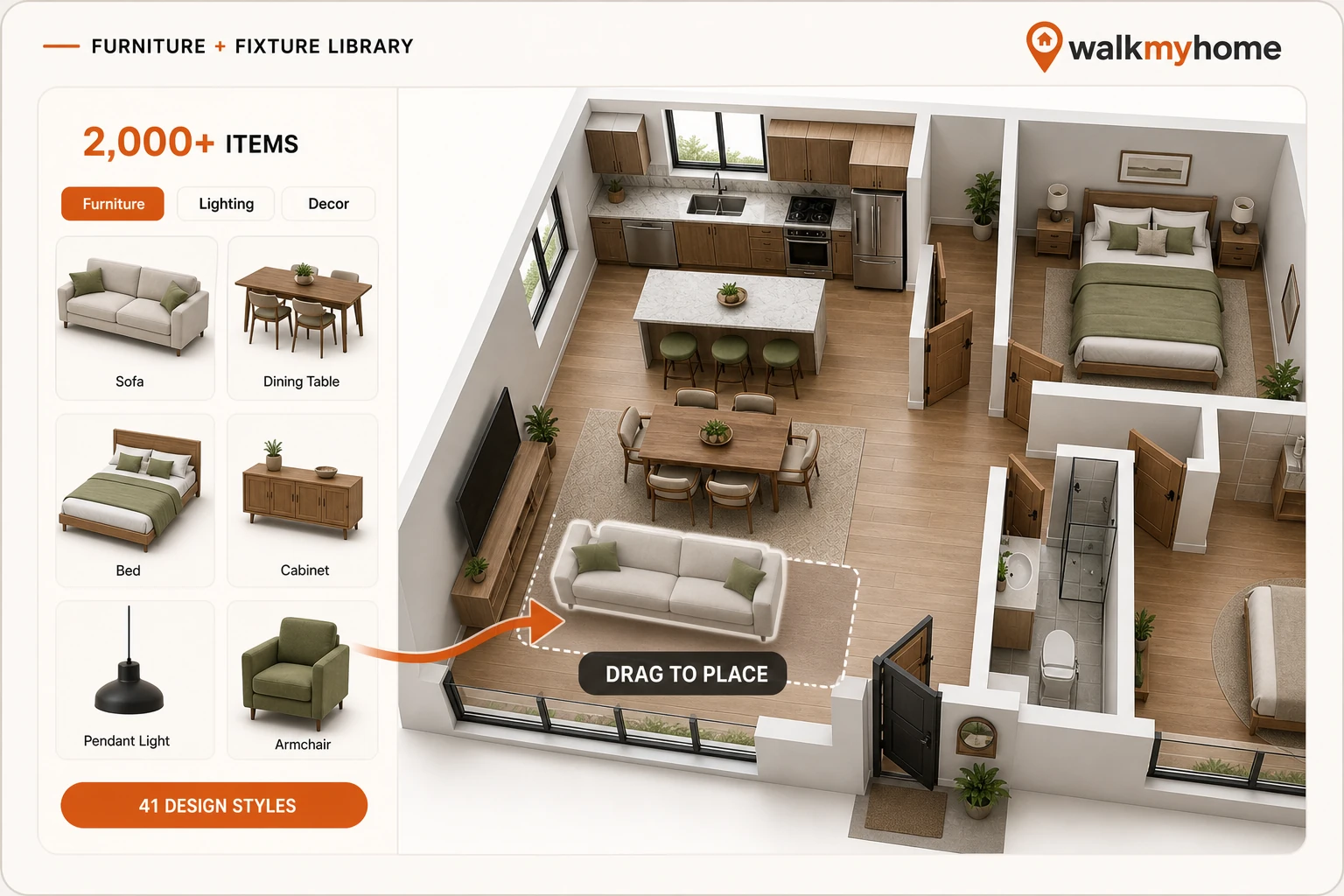 WalkMyHome furniture library furnishing a coherent two-bedroom home with correctly scaled rooms and furniture
