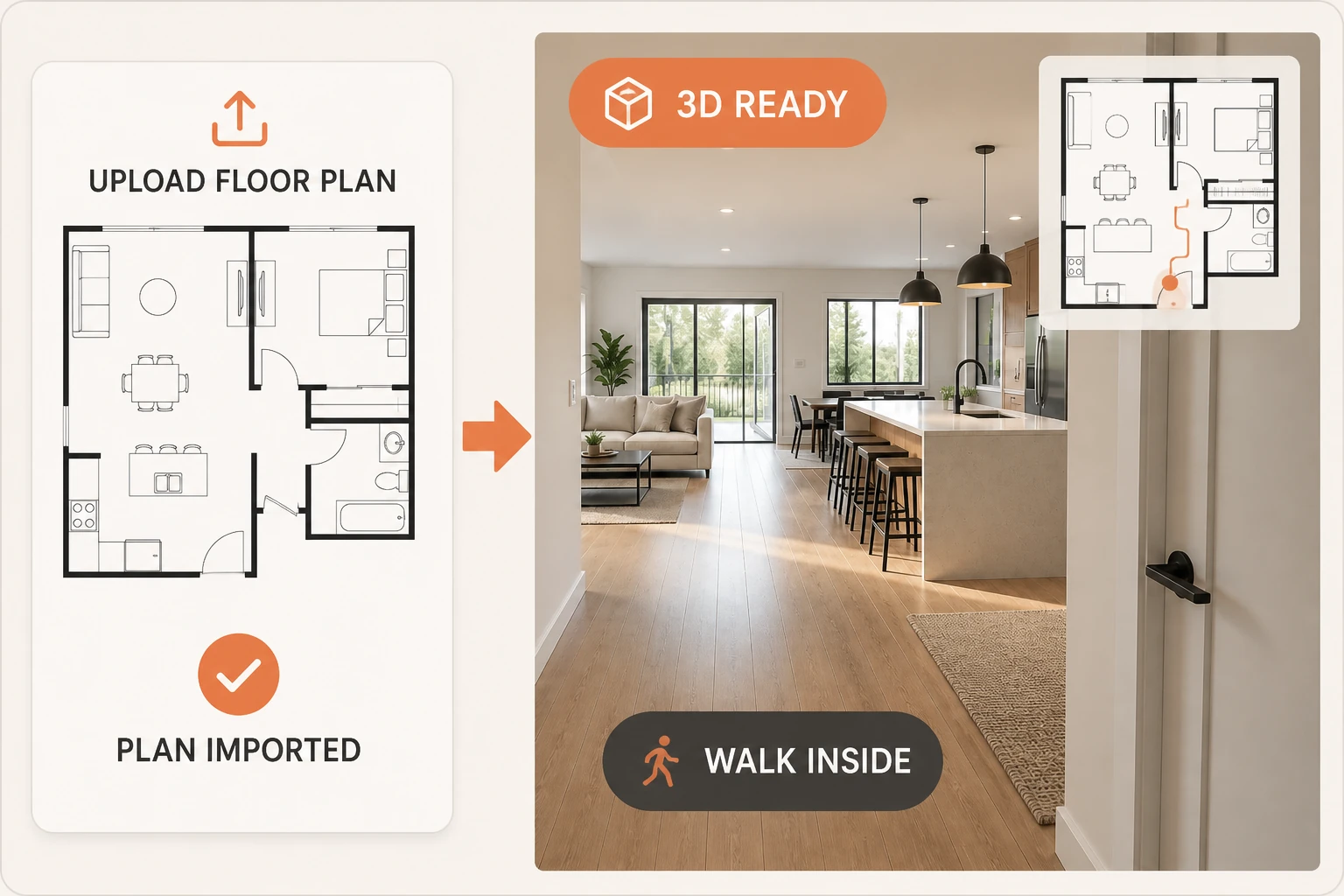 WalkMyHome 3D walkthrough software showing a realistic first-person view inside a furnished home with navigation controls and a floor-plan locator