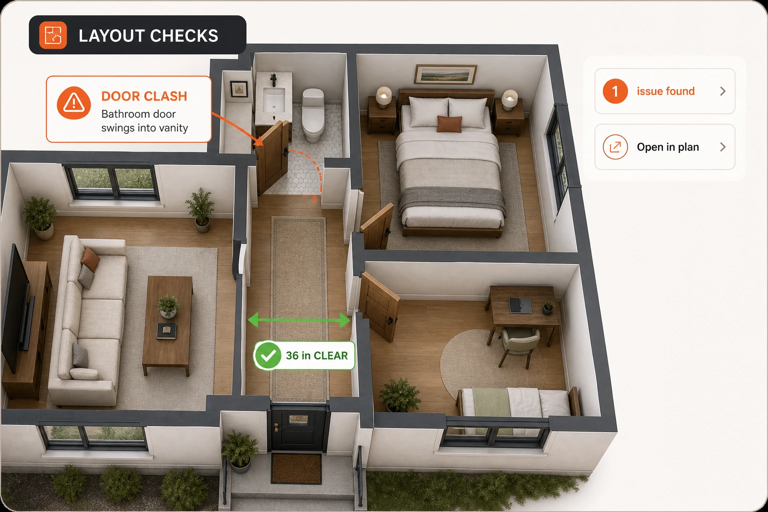 WalkMyHome layout and clearance checks identifying four visible planning issues in a realistic furnished home