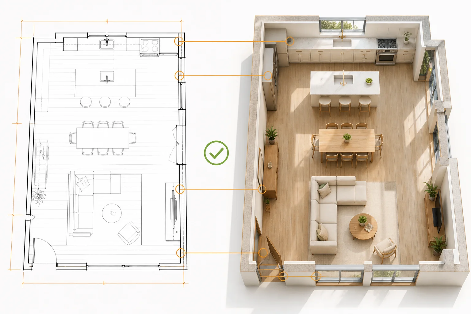 The same open-plan home shown as a measured 2D floor plan and a matching furnished 3D cutaway.
