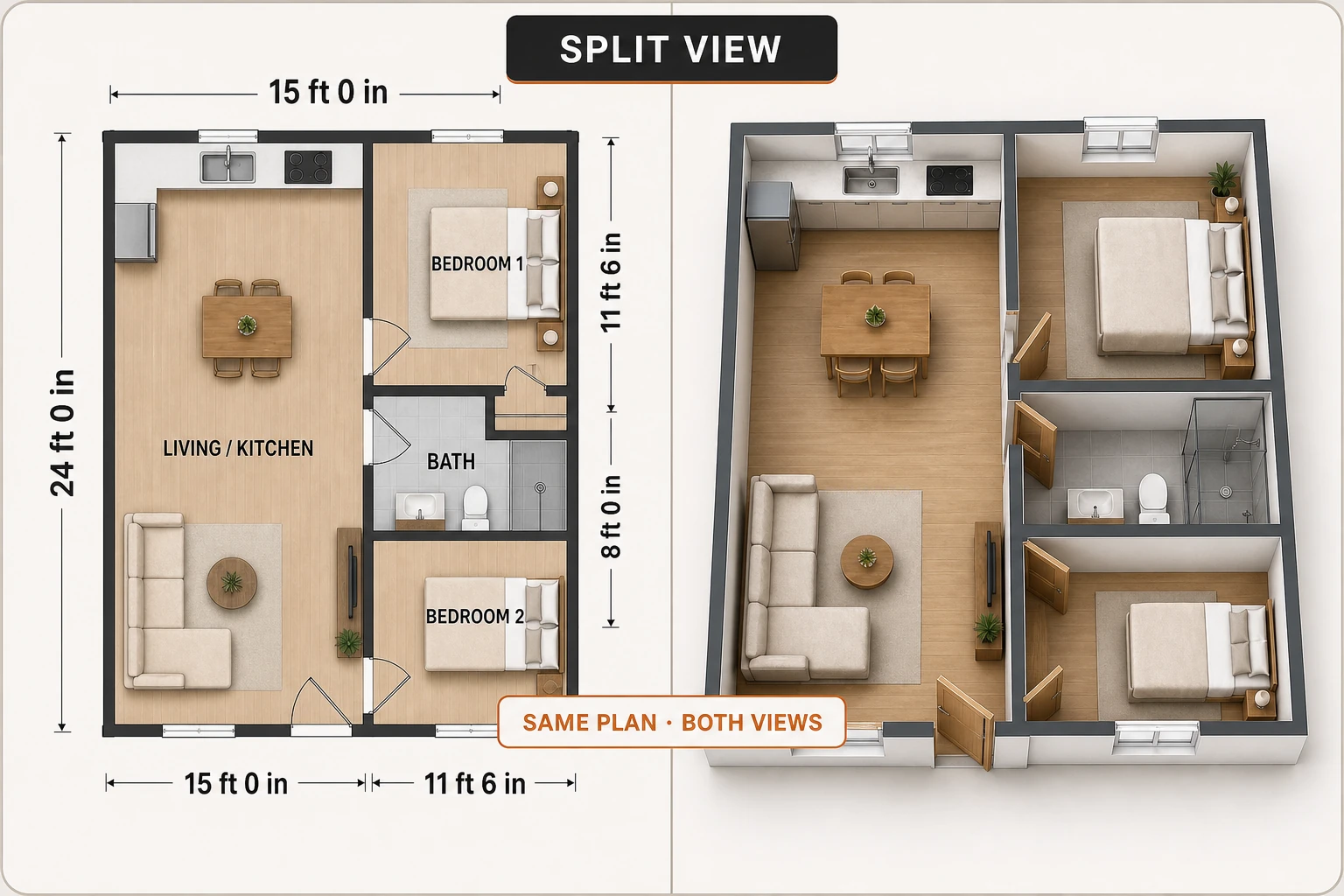 WalkMyHome split view showing a measured 2D floor plan beside its matching furnished 3D home