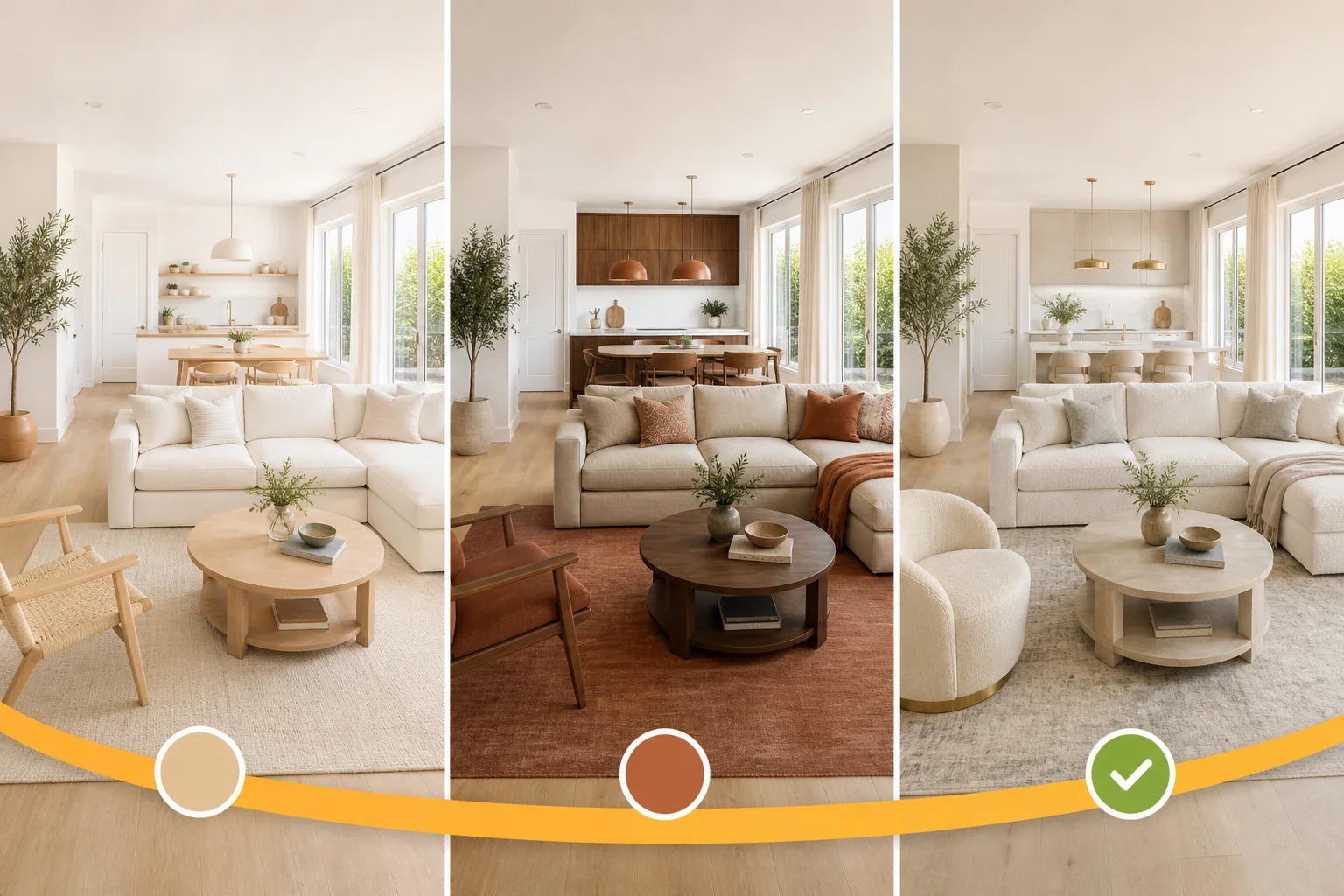 The same bright open-plan living room shown in three complete interior styles without changing the layout.