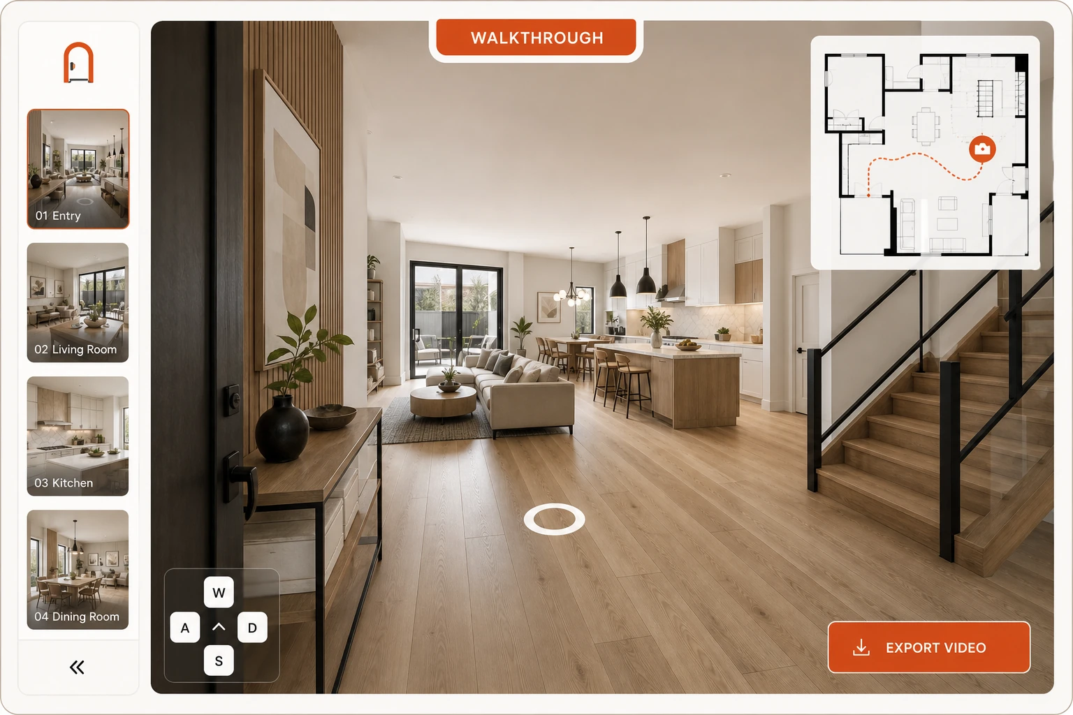WalkMyHome 3D editor showing the completed home ready for walkthrough