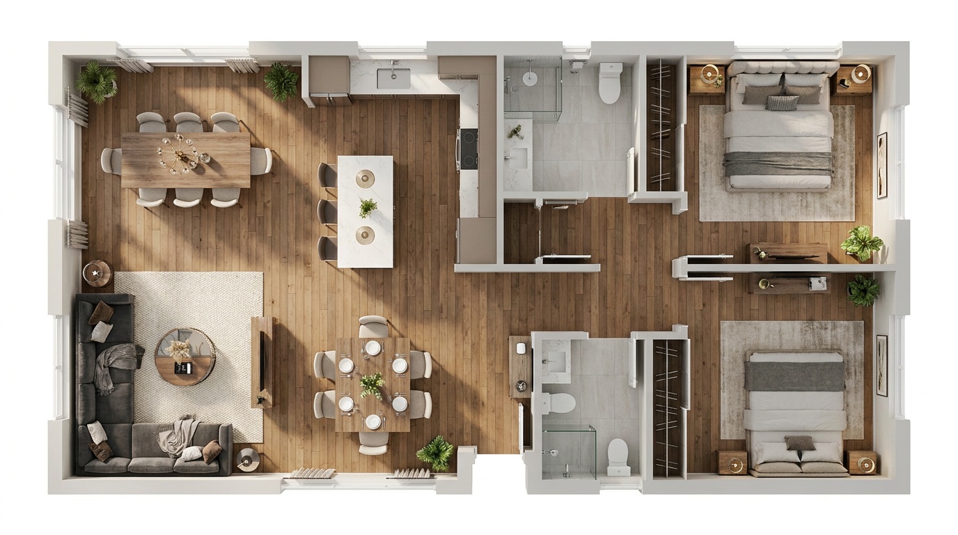Top-down view of the furnished 3D home with each room numbered to match the renders