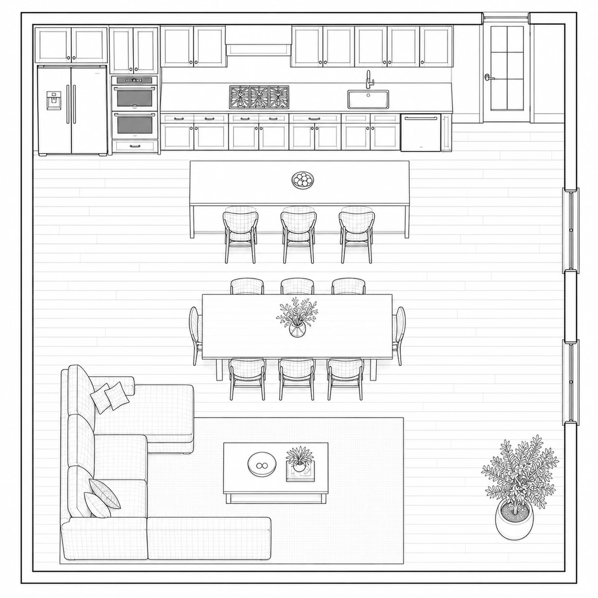 Top-down black-and-white floor plan of the same furnished kitchen, dining and living room