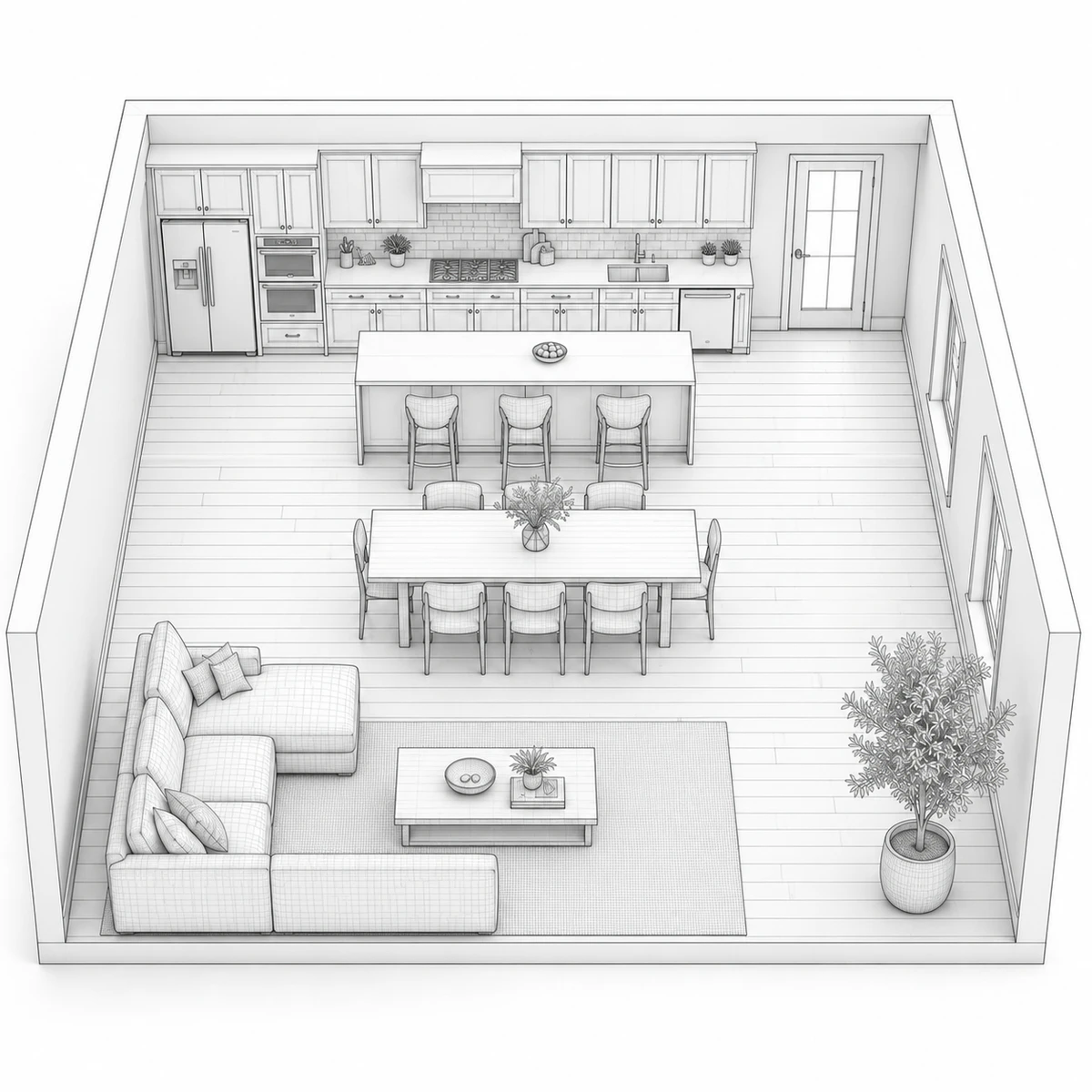 Architectural wireframe of the same open-plan room