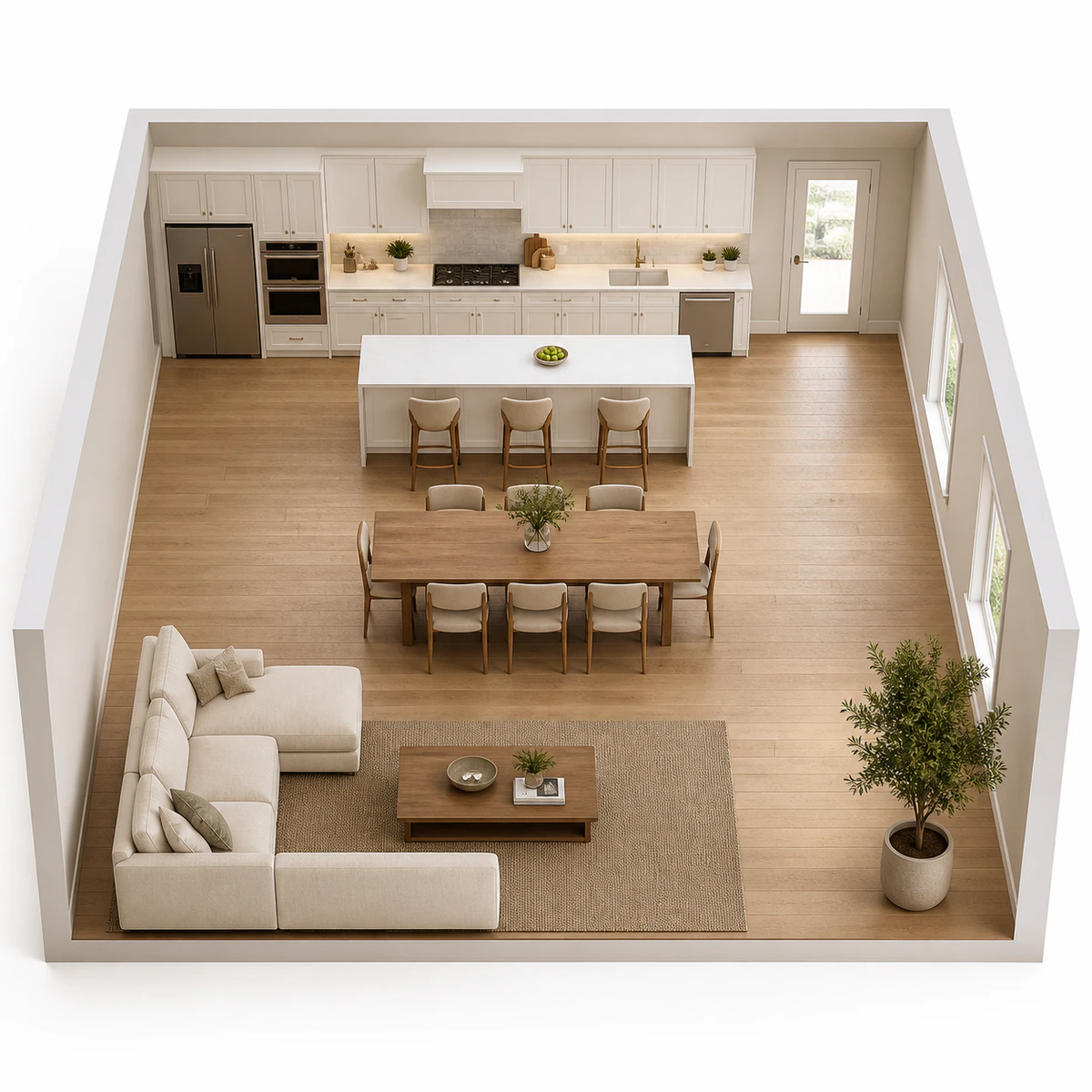 Photorealistic 3D render preserving the same room layout