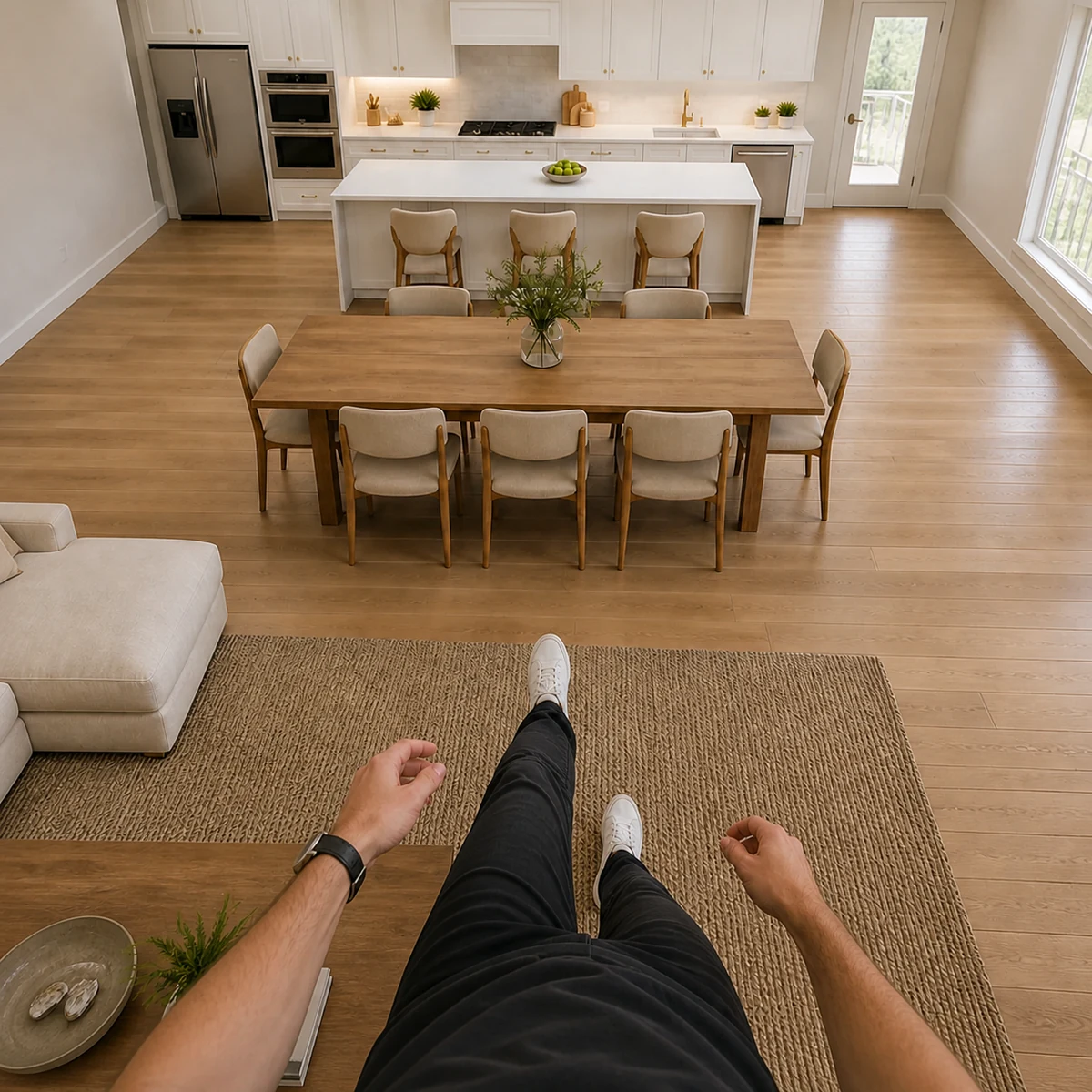 First-person walking view with the viewer's arms and legs visible inside the same kitchen, dining and living room