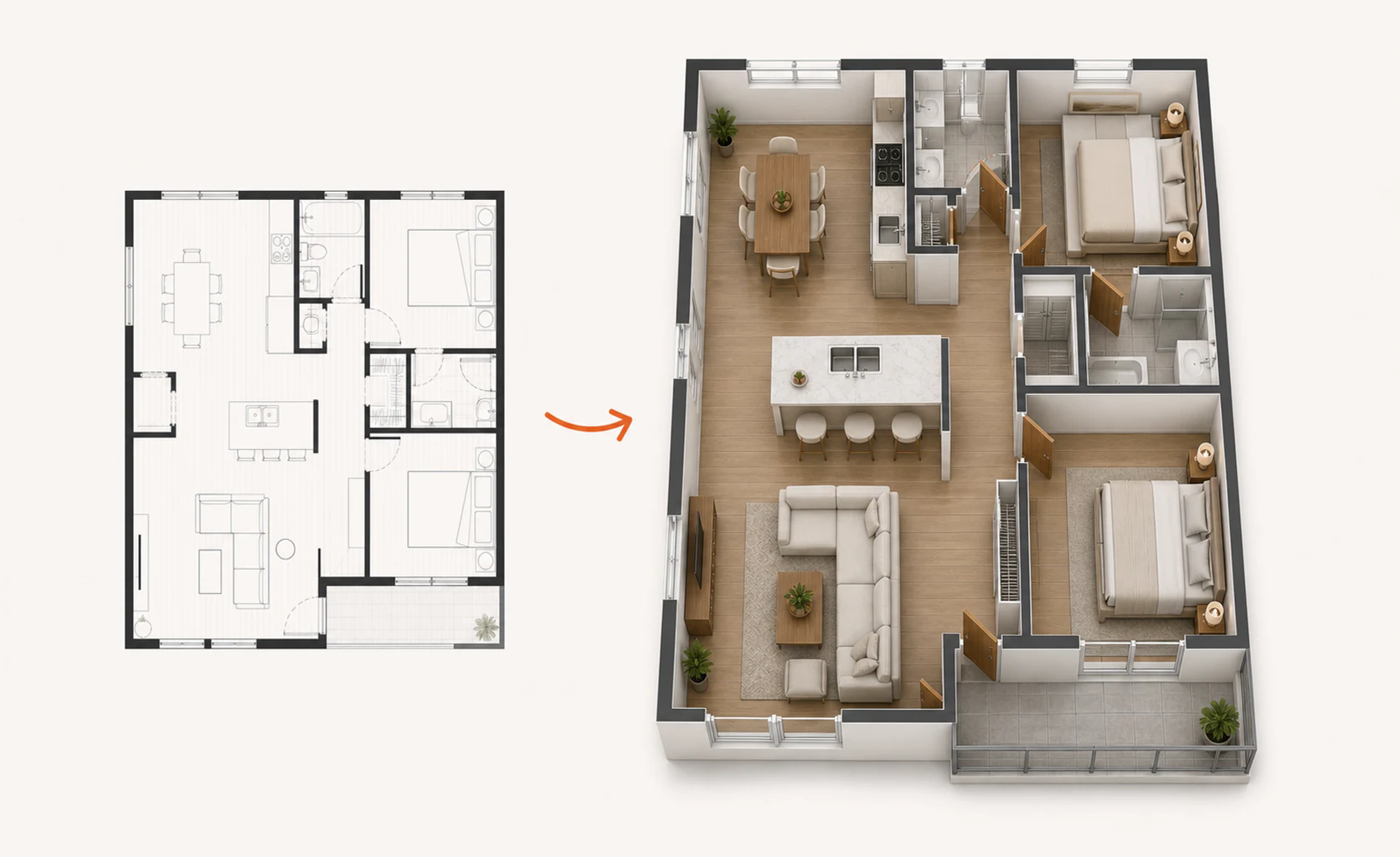 The same two-bedroom floor plan shown in matching 2D and furnished 3D views