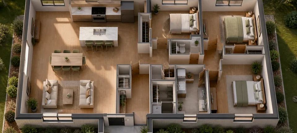 Furnished 3D floor plan of a modern three-bedroom family home
