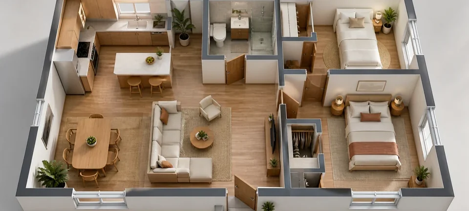 Furnished 3D floor plan of a warm Japandi two-bedroom apartment