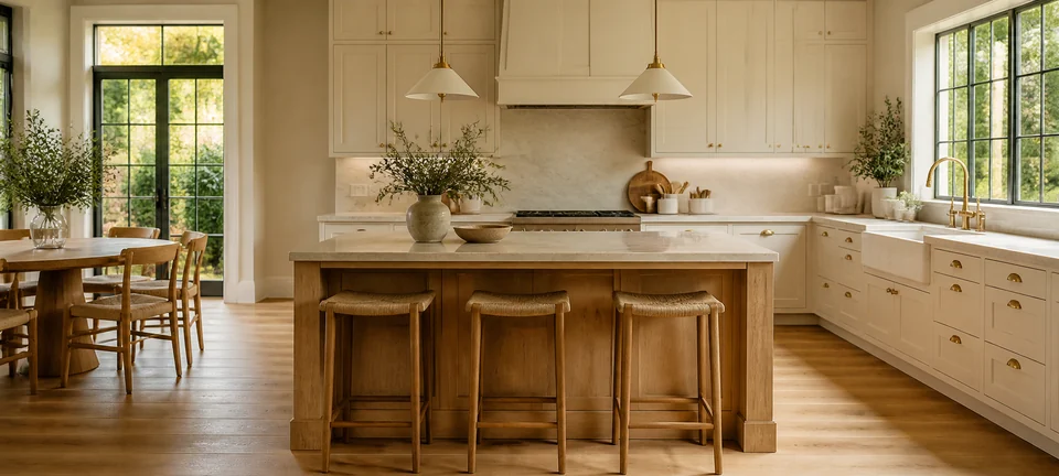 Warm photorealistic kitchen with cream cabinetry, an oak island and garden windows