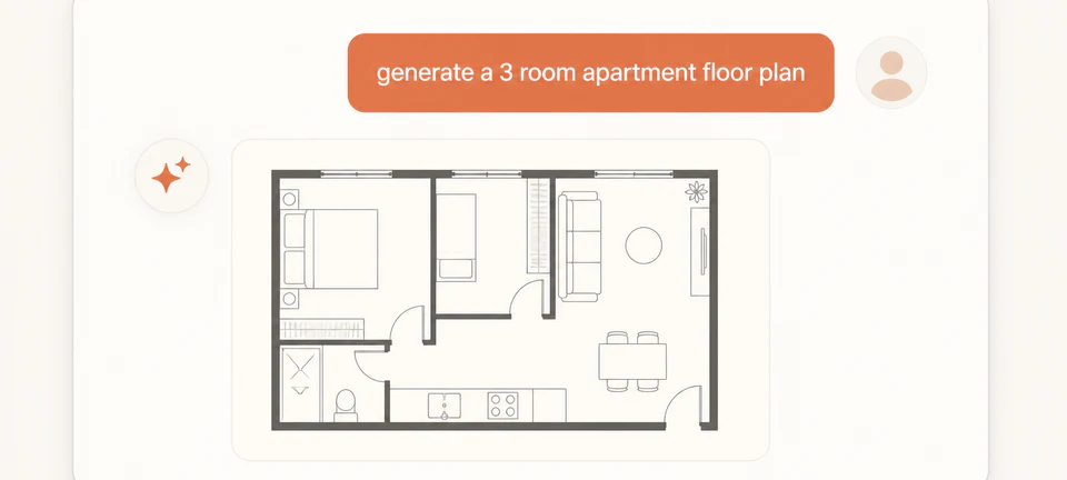 AI chat interface generating a three-room apartment floor plan from a written prompt