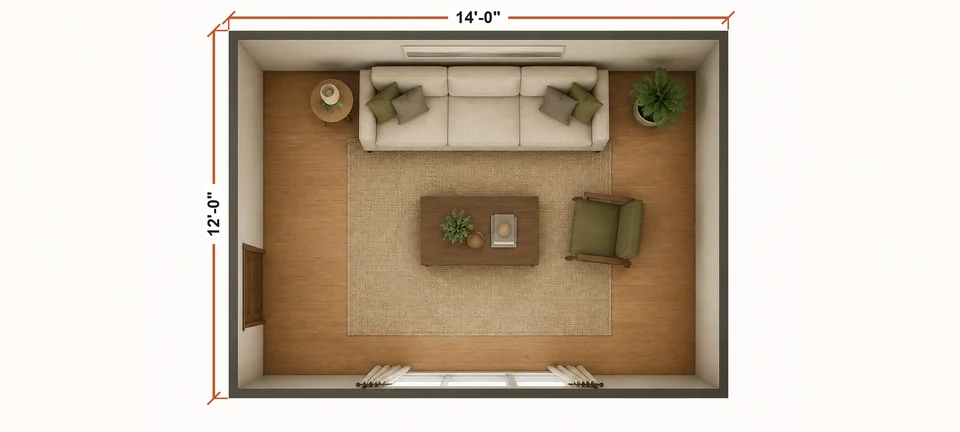Top-down 3D view of one living room measured at 14 feet by 12 feet